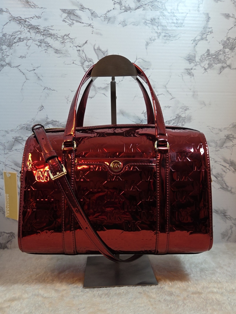 MICHAEL KORS Jet Set Medium Metallic Logo Debossed Duffle/Satchel Cherry NWT - Picture 3 of 10